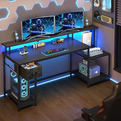 Black Gaming Desk With RGB Lights and 3 AC Power Outlets,Office Computer Desk with 55" Long Monitor Stand,18"Ample Printer Space,Storage Drawer and File Shelves,Study Desk,Bedroom Writing Desk