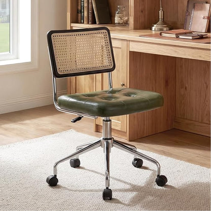 Zesthouse Mid Century Home Office Chair, Armless Desk Chair with Rattan Back, Adjustable Height Task Chair Vanity Chair for Girls Women, Upholstered Swivel Chair, Green Faux Leather