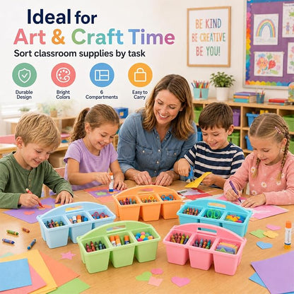 6 Pack Assorted Colors 6 Compartment Classroom Caddy with Handle Portable Plastic Storage Classroom Caddies Organizer for Classrooms Supply Teacher Office Table Desk(Pastel)