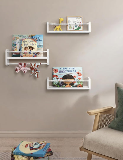 Maxpeuvon Nursery Bookshelves Set of 3, Natural Wood Nursery Floating Shelves Wall Mount Storage Shelf with Towel Bar Hainging Bookshelf for Kids Room Bedroom Living Room Decor, White