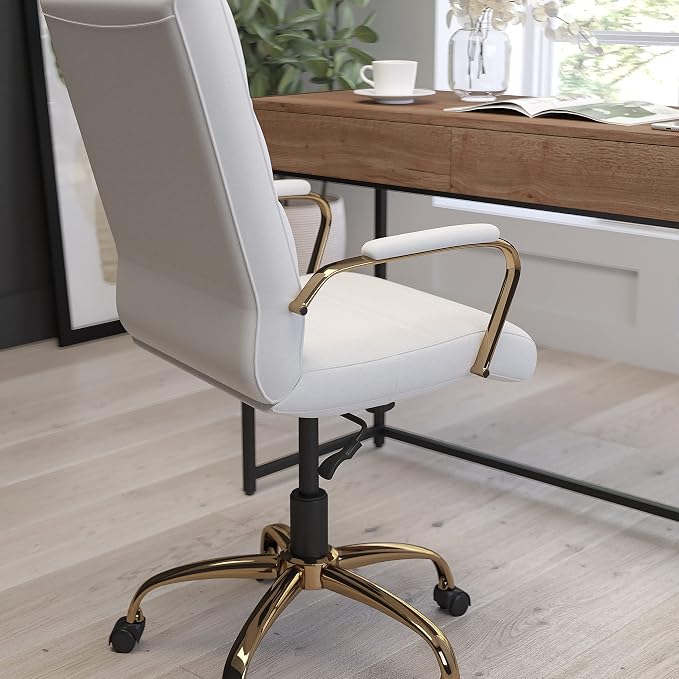Merrick Lane Milano Contemporary High-Back White Faux Leather Home Office Chair with Padded Gold Arms