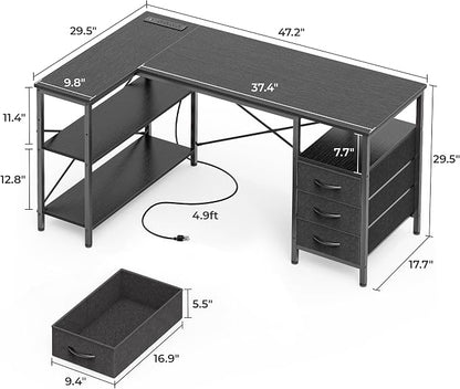 Huuger L Shaped Office Desk with Power Outlets, 47 Inch Computer Desk with 3 Drawers, Shelves, for Gaming, Corner Work, Home Office, Study, Black