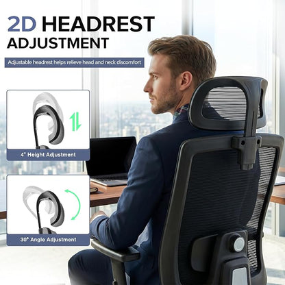 Ergonomic Office Chair with Headrest, Mesh Office Chair for Long Sitting, Comfortable Desk Chair with Flip-Up Arms, Adjustable Swivel Computer Chair for Home Office, Study, Gaming, Black