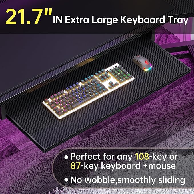 SEDETA 79" Gaming Desk, Computer Desk with 2 Fabric Drawers & LED Light, L Shaped Gaming Desk with Storage Shelf for Home Office, Carbon Fiber Black
