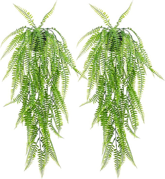 LOYWREE 2Pack Small Fake Hanging Plant with Pot, Artificial Potted Fern Plant, 28.7-in Long Faux Hanging Ferns Vine Plant for Shelf Home Office Indoor Outdoor Garden Greenery Decor (Black Pot)