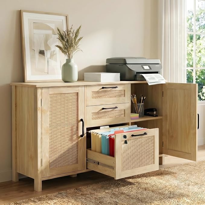 HOPUBUY 3 Drawer and 2 Doors File Cabinet with Lock, Printer Stand Lateral Filing Cabinets for Home Office and School, Wood Rattan File Cabinet for Hanging Files/Letter/Legal/A4/F4 Size, Natural Wood