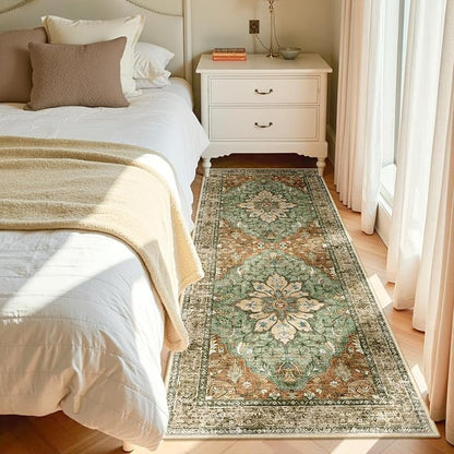 RELEANY Area Rugs Runner 2'x6' Washable Non-Slip, Floral Vintage Distress Medallion Carpet for Kitchen Hallway Bedroom Beside Laundry Room Bathroom, Terracotta Burnt Orange Green