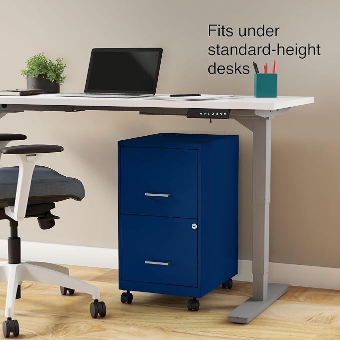 STAPLES 2-Drawer Vertical File Cabinet, Letter Size Documents, Lockable & Mobile, 18" D x 14" W x 26.3" H, Blue