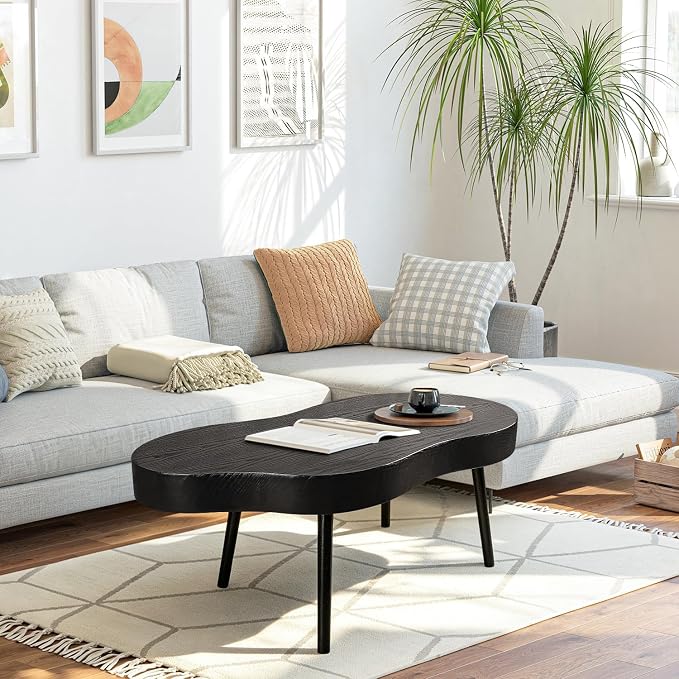 Black Coffee Table Wooden Cloud Shaped Coffee Tables with Thick Top Mid-Century Modern Irregular Center Living Room Tables Cute Floor Table for Living Room Bedroom Apartment
