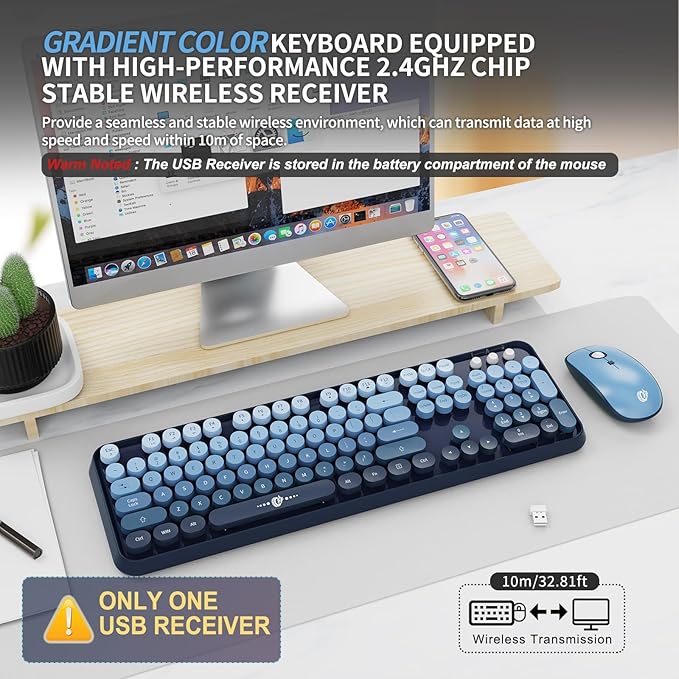 Blue Wireless Keyboard and Mouse Combo, Retro Typewriter Style Round Key Keyboard, 2.4GHz Full Size Aesthetic Bubble Keyboard with Number Pad for Long Nail PC Laptop Desktop Computer