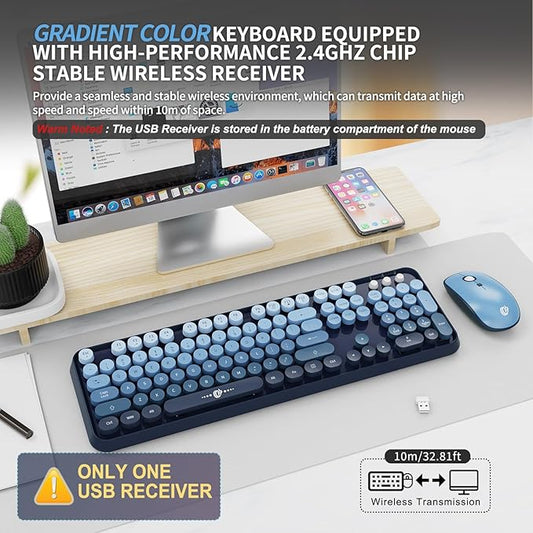 Wireless Keyboard and Mouse | Cute Colorful Keyboard and Mouse with 2.4GHz Cordless Retro Typewriter Keyboard | Auto-Sleep | USB Receiver for Windows PC/Laptop - Blue Gradient