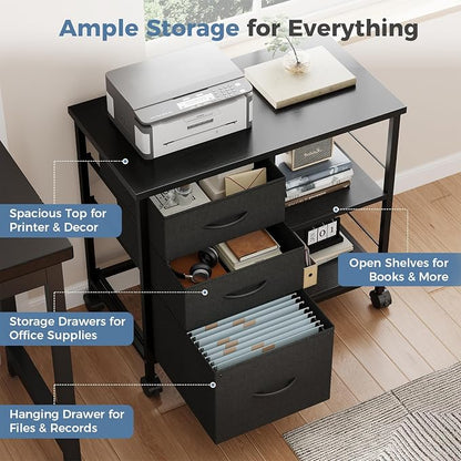 DUMOS 3 Drawer Mobile File Cabinet, Freestanding Fabric Lateral Filing Cabinet Fits A4/Letter Size, Space Saving Rolling Printer Stand with X-Frame and Open Storage Shelf for Home Office, Modern Black