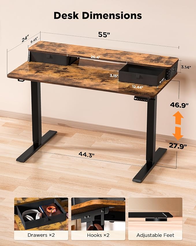 FiCiHi 55x24 Inch Standing Desk with Drawers, C-Clamp Mount Compatible, Electric Adjustable Height Computer Stand Up Desks, Home Office Sit Stand Table with 3 Preset Heights, Rustic Brown