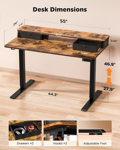 FiCiHi 55x24 Inch Standing Desk with Drawers, C-Clamp Mount Compatible, Electric Adjustable Height Computer Stand Up Desks, Home Office Sit Stand Table with 3 Preset Heights, Rustic Brown