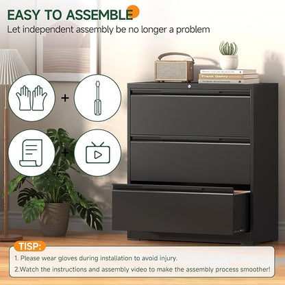 Lateral File Cabinet 3 Drawer, Metal File Cabinet with Lock | Filing Cabinets for Home Office, Black Locking Deep Drawer for Hanging Files Letter/Legal/A4/F4 Size, Assembly Required
