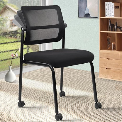 CLATINA Stackable Mesh Office Chair with Wheels Armless Guest Waiting Stacking Chair with Ergonomic Lumbar Support & Leather Seat Cushion, for Conference, Lobby, School, Reception, Black