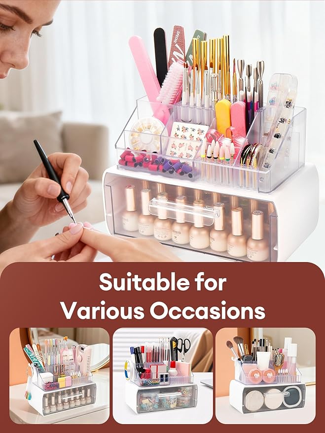 LIARTY Nail Drill Holder with Drawer - Makeup Organizer Case for Brush | Acrylic Nail Drill Bits Holder Beauty Cosmetic Storage Box for Dresser Countertop and Bathroom Vanity