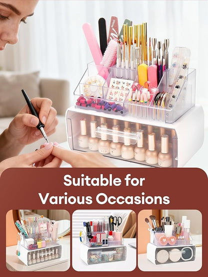 LIARTY Nail Drill Holder with Drawer - Makeup Organizer Case for Brush | Acrylic Nail Drill Bits Holder Beauty Cosmetic Storage Box for Dresser Countertop and Bathroom Vanity