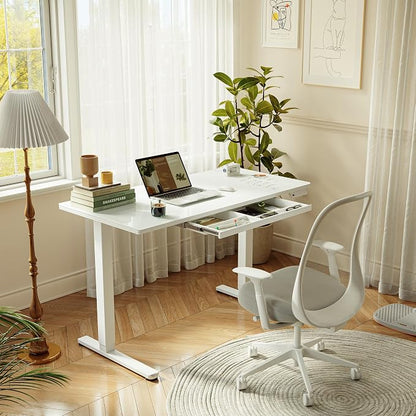 BANTI 48"x24" Standing Desk with Glass Top, Height Adjustable Computer Desk with Drawer, One-piece Rising Home Office Desks with Positon Memory, Sit Stand Up Electric Workstation Table, White