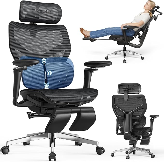 Ergonomic Office Chair with Adaptive Dual-Wing Lumbar Support - Over 10 Hours Sitting Comfortable Mesh Big and Tall Home Desk Chair, 4D Headrest, 2-Gear Footrest, 630° Armrst, Seat Depth Adjustable