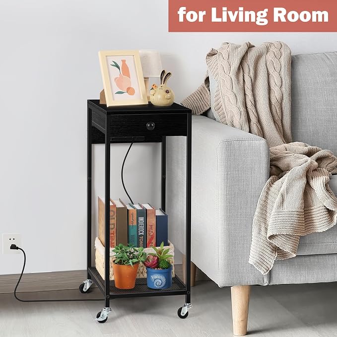 Vrisa Printer Stand with Storage Drawer Small Printer Table Cart with Wheels and Charging Station Home Mobile Computer PC Tower Label Printer Shelf Shredder Stands for Home Office, Black