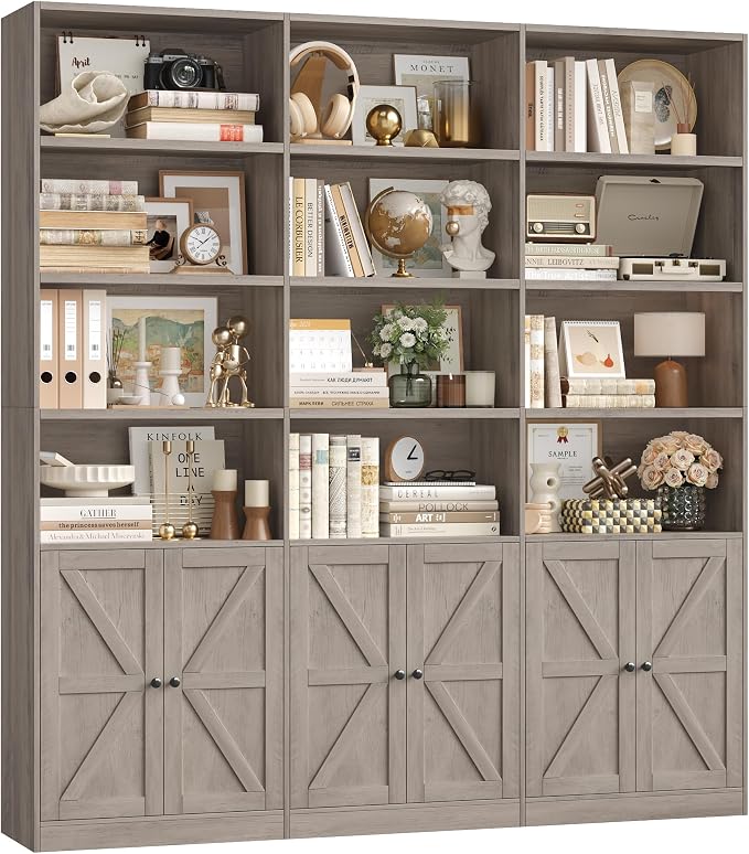 FACBOTALL 75" Triple Wide Bookshelf, Bookshelf and Bookcase with 6 Farmhouse Doors, 71" Wide 6 Tier Book Shelf with 18 Storage Shelves, Large Wooden Bookshelves, Tall Bookcase for Home Office, Gray