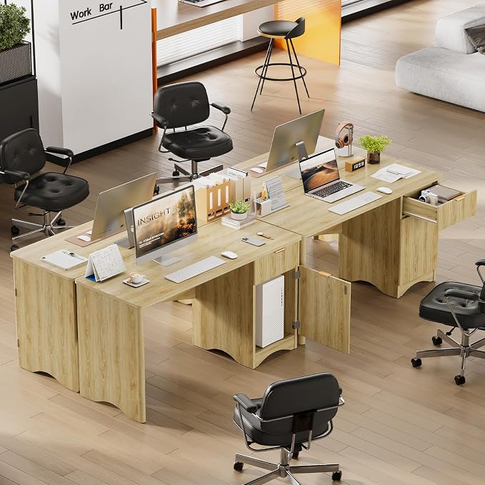 Bestier 47 inch Fluted Computer Desk with Drawer, Office Desk with File Cabinet, Modern Wood Desk with Storage Cabinet for Home Office Bedroom Study, Natural Oak