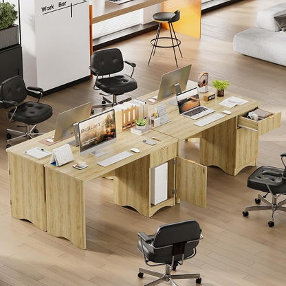 Bestier 47 inch Fluted Computer Desk with Drawer, Office Desk with File Cabinet, Modern Wood Desk with Storage Cabinet for Home Office Bedroom Study, Natural Oak