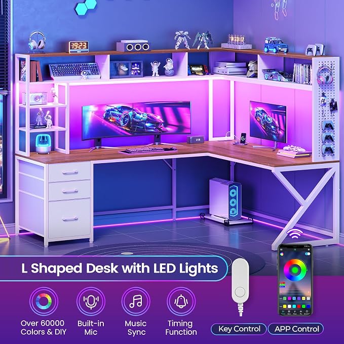 SEDETA L Shaped Gaming Desk with Storage Drawers and Hutch, Convertible 94.5" Computer Desk with Drawers, Corner Computer Desk with Power Outlet, LED Lights, Pegboard for Home Office, White and Brown