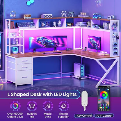 SEDETA L Shaped Gaming Desk with Storage Drawers and Hutch, Convertible 94.5" Computer Desk with Drawers, Corner Computer Desk with Power Outlet, LED Lights, Pegboard for Home Office, White and Brown