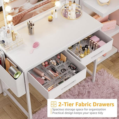 DLisiting 32 Inch Small White Desk with 2 Drawers, Study Writing Computer Desk with Storage Drawer for Bedroom Home Office, Vanity Table Without Mirror for Girls Small Spaces