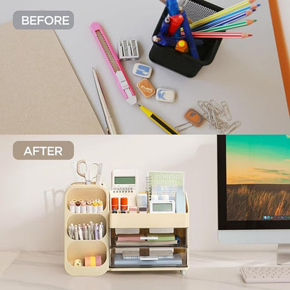 HBlife Desk Organizer with Pen Pencil Holder for Desk, Pen Organizer with 2 Drawers, Desk Organizers and Accessories with 4 Compartments, Desktop Storage for Office Home School Art Supplies, Beige