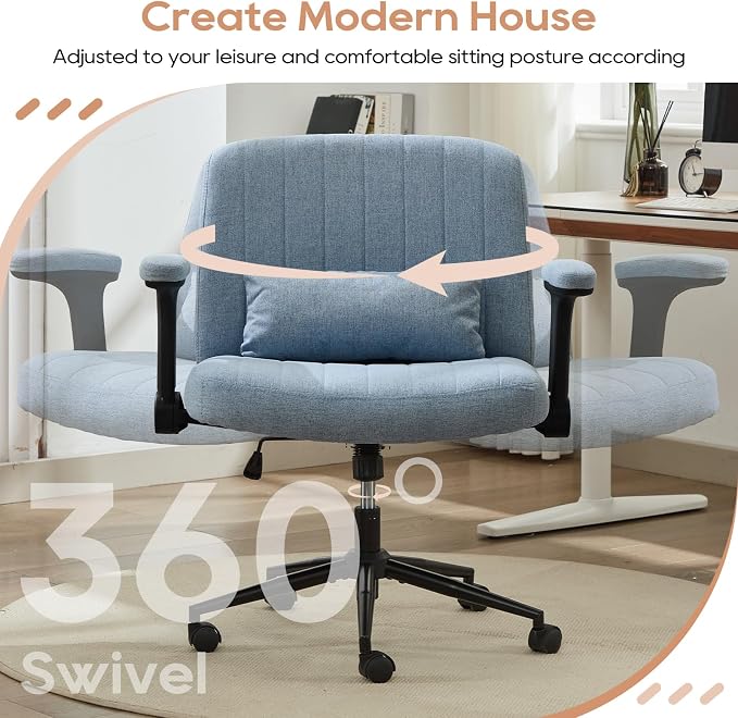 IPKIG Criss Cross Chair with Adjustable Flip-up Arms, Vanity Chair with Wheels, Comfy Desk Chair with Lumbar Pillow Swivel Wide Office Chair for Home Office, Bedroom, Linen, Blue