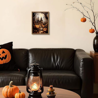 Framed Vintage Halloween Wall Art - Spooky Haunted House Canvas Print, Gothic Halloween Wall Decor, Fall Pumpkin Picture Painting for Living Room Bedroom Home, 12x16in Wood Frame