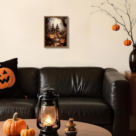 Framed Vintage Halloween Wall Art - Spooky Haunted House Canvas Print, Gothic Halloween Wall Decor, Fall Pumpkin Picture Painting for Living Room Bedroom Home, 12x16in Wood Frame