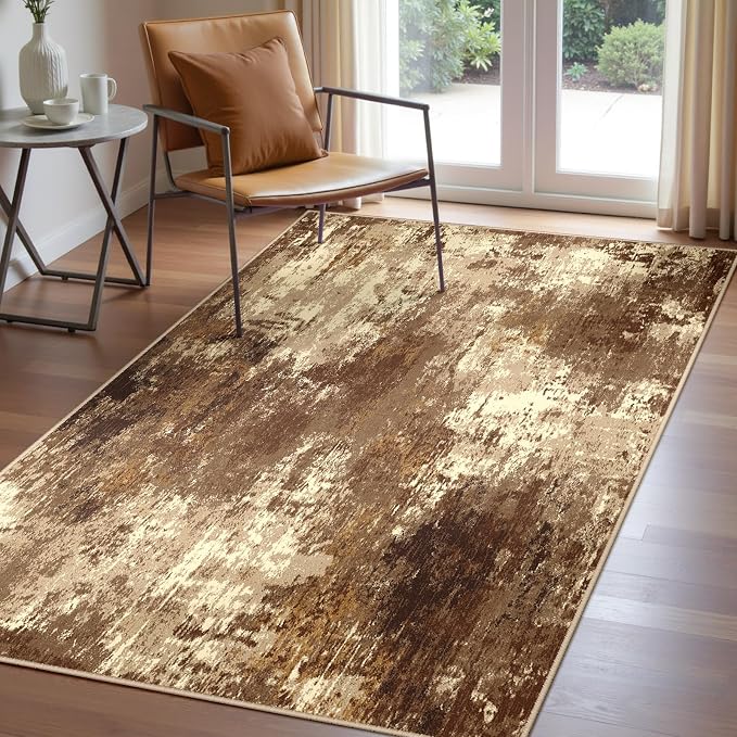 RELEANY Washable Area Rugs 3'x5' Non-Slip Modern Abstract Soft for Living Room Entryway Bedroom Kitchen, Print Pattern, Brown Tan Beige Coffee