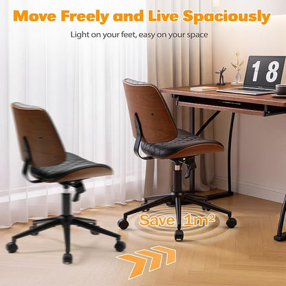 Shahoo Armless Office Chair with Wheels, Adjustable Height PU Leather Desk Chair with mid Back, Modern Walnut Style 360° Swivel Computer Chair for Small Spaces, Meeting Room, Black