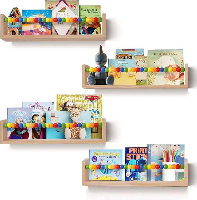 Nursery Book Shelves Wall Mounted Set of 4,Floating Book Shelves for Wall,Nursery Shelves for Bookshelf Wall,Kids Bookshelf (Five-Color Beads)
