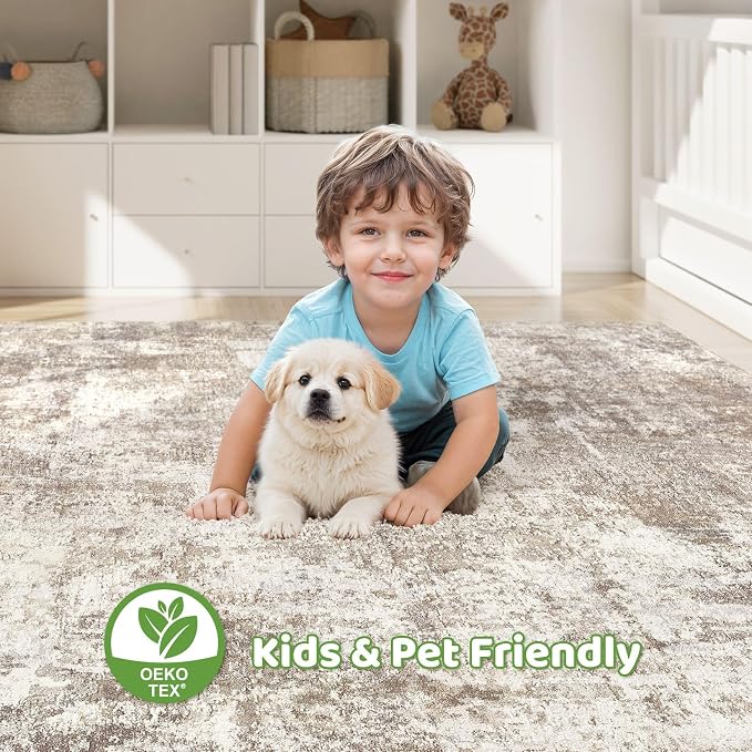 Large Area Rugs 12x15: Washable Abstract Modern Soft Rug Stain Resistant Indoor Floor Non Slip Accent Carpet for Living Room Bedroom Nursery Playroom Dining Room Office Dorm Home House- Beige Brown