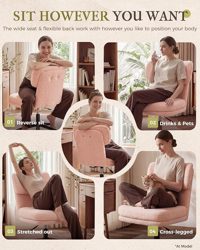 COMHOMA Vanity Chair with Ergonomic Curved Backrest, Home Office Desk Chair with Silent Wheel, Wide Seating Computer Chair for Girls Women Bedroom, Soft Teddy Fabric, Pink