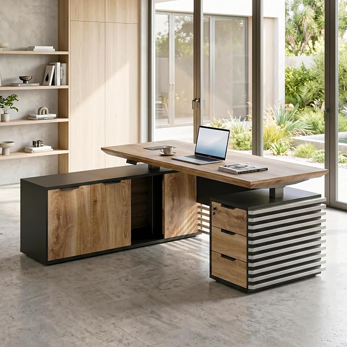 SAINTCY 78.74In L Shaped Executive Standing Desk with Drawers, Large Modern Adjustable Heigh Home Office Desk w/Universal Charging Ports, Business Workstation, Black and Warm Oak