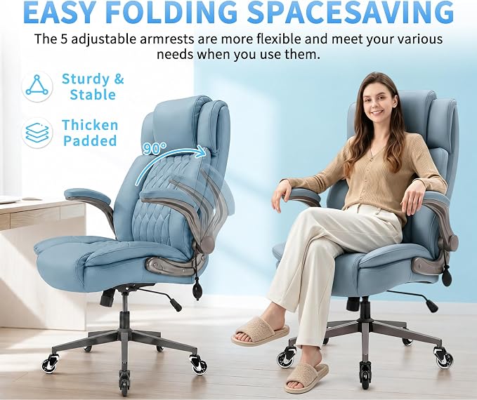 Large High Back Office Chair - Adjustable Lumbar Support Flip Up Arms Heavy Duty Quiet Wheels Metal Base Breathable Bonded Leather Ergonomic Executive Computer Desk Chair with Storage Bags, Blue