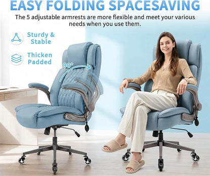 Large High Back Office Chair - Adjustable Lumbar Support Flip Up Arms Heavy Duty Quiet Wheels Metal Base Breathable Bonded Leather Ergonomic Executive Computer Desk Chair with Storage Bags, Blue