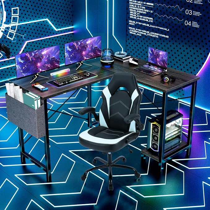 Sweetcrispy L Shaped Gaming Desk, Computer Desk Corner Desks PC Gaming Desk Table with CPU Stand Side Bag for Home Office Dorm Sturdy Writing Workstation, Grey, 50 Inch