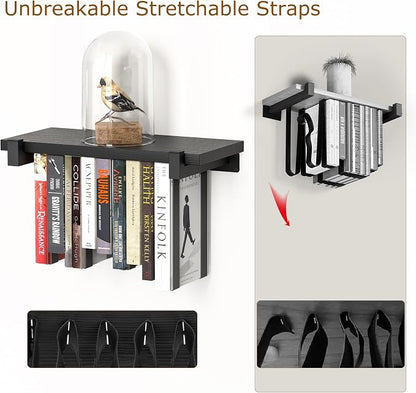 NANATI 2 Set of Floating Bookshelf, Pine Wood Invisible Bookshelf, Hanging Bookshelves for Wall, Unique Space Saving Wall Bookcase, New Black (16.5L×8.7W×1.5H)