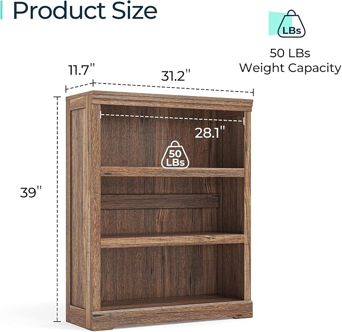 LINSY HOME 3-Tier Bookshelf Display Storage Shelves Farmhouse Bookshelf for Home Office, Living Room, Bed Room - Dark Brown
