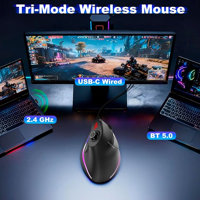 TRELC Gaming Mouse with 5 D Rocker, Vertical Ergonomic Mouse with 11 Programmable Buttons, 24000 DPI, On-Board Memory, Optical Computer Mice for PC/Laptop/E-Sports/Gamer (Wireless)