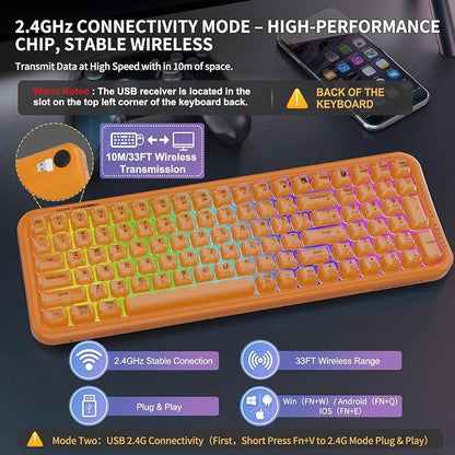 FOPETT Wireless Computer Keyboard with RGB Backlit, Tri-Mode Bluetooth 5.0/USB-C/2.4GHz Gaming Keyboard, Full Size Layout, Ergonomic Curved Design for Windows Mac PC Gamers & Office-Orange