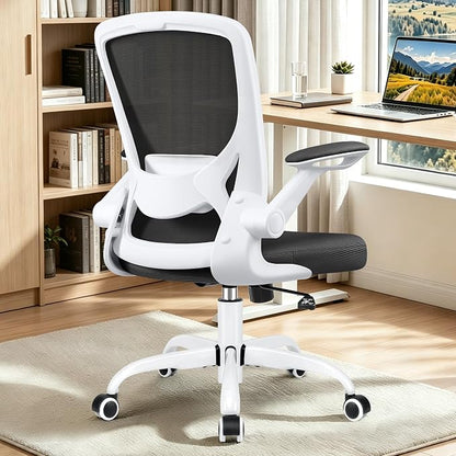 BESTFAIR Ergonomic Office Chair, Mesh Computer Chairs with Lumbar Support, Swivel Desk Chair with Flip-up Arms and Adjustable Height, White