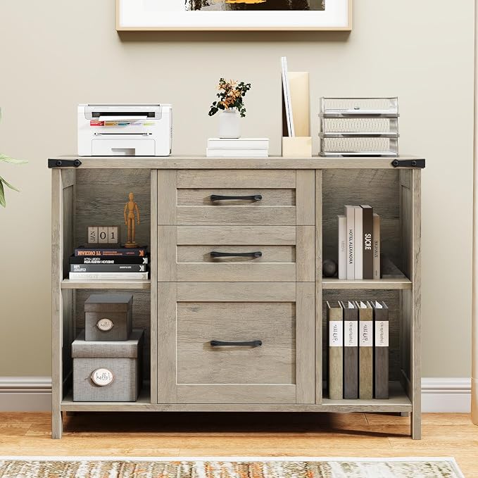 Halitaa 3 Drawer File Cabinet, Farmhouse Lateral Filing Cabinet Fits File Letter or A4 Size, Wooden Printer Stand with Open Storage Adjustable Shelf for Home Office, Grey